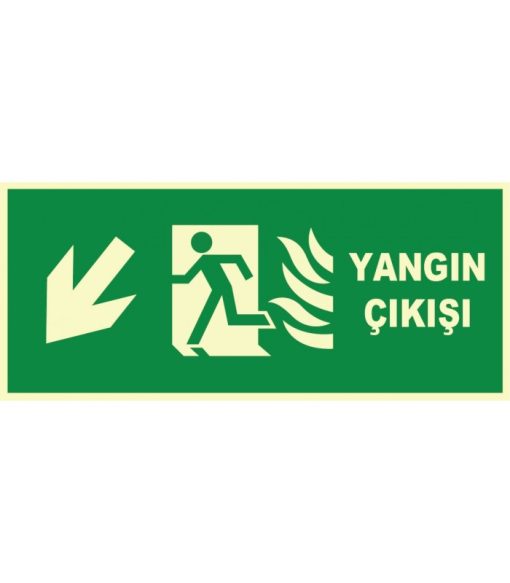 Fosforlu Yangın Çıkışı Levhası: Sol Aşağı Yönlendirme Oku
