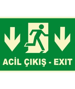 Fosforlu Türkçe İngilizce Acil Çıkış Levhası - Aşağı Yön