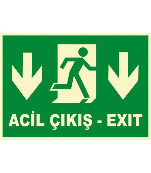 Fosforlu Türkçe İngilizce Acil Çıkış Levhası - Aşağı Yön