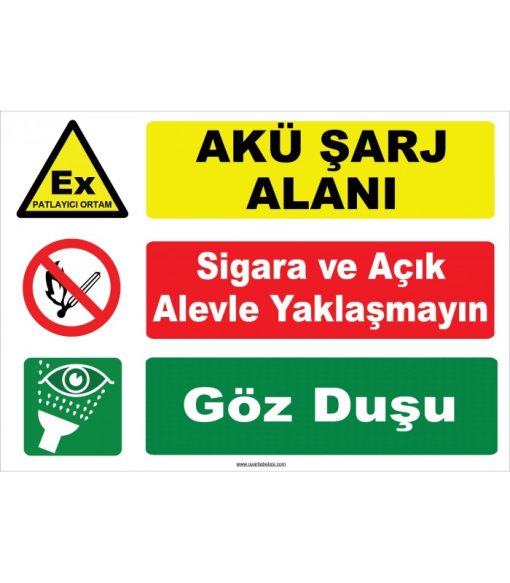 Akü Şarj Alanı Güvenlik Levhası - Sigara, Açık Alev, Göz Duşu