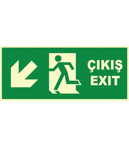Fosforlu Acil Çıkış/Exit Levhası - Sol Aşağı Yönlendirme