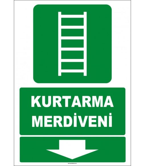 ISO 7010 Kurtarma Merdiveni: Acil Durum Çıkışı (Aşağıda Yön)