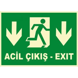 Fosforlu Türkçe İngilizce Acil Çıkış Levhası - Aşağı Yön